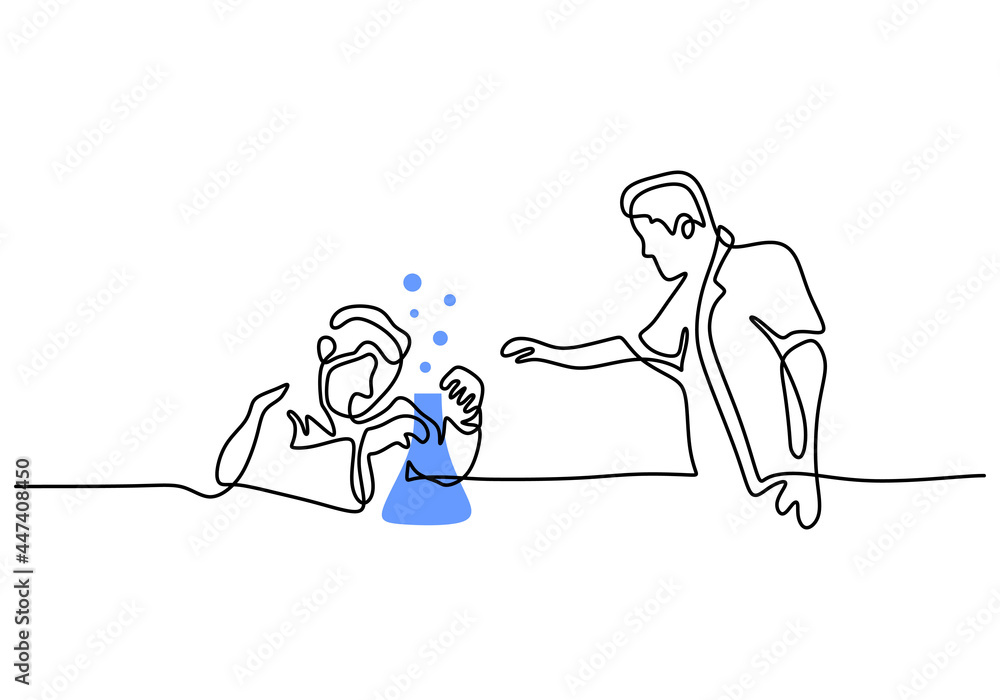 Poster continuous single drawn one line scientist researcher professor and a student doing experiment in la
