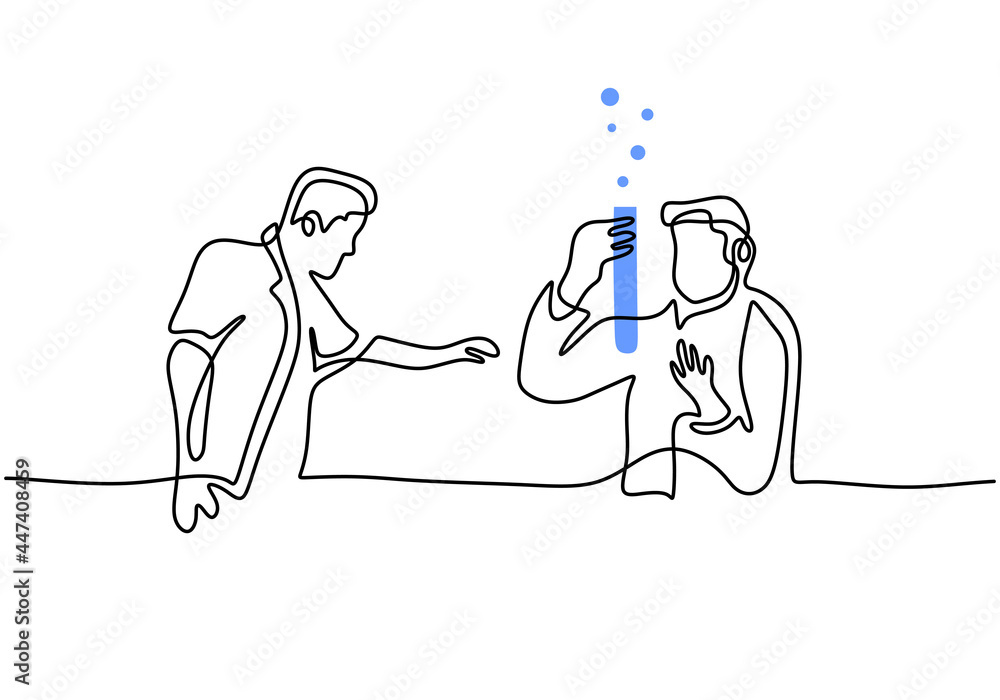 Aufkleber continuous single drawn one line scientist researcher professor and a student doing experiment in la
