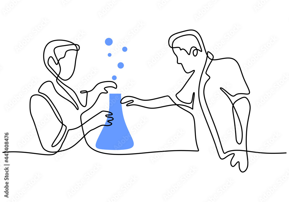 Poster continuous single drawn one line scientist researcher professor and a student doing experiment in la