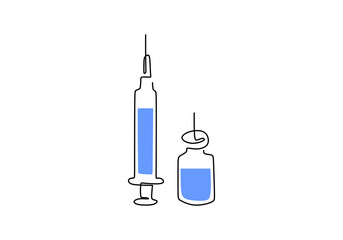 Continuous one line drawing of syringe with needle and vaccine tube for the corona vaccine test hand-drawn line art minimalist design. Medical equipment or tools vector illustration hand drawn