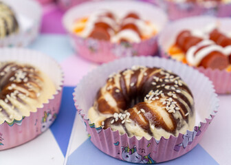 Cute bread on multicolor background.