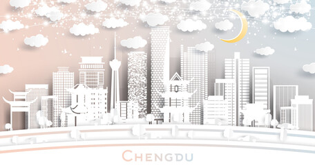 Chengdu China City Skyline in Paper Cut Style with White Buildings, Moon and Neon Garland.