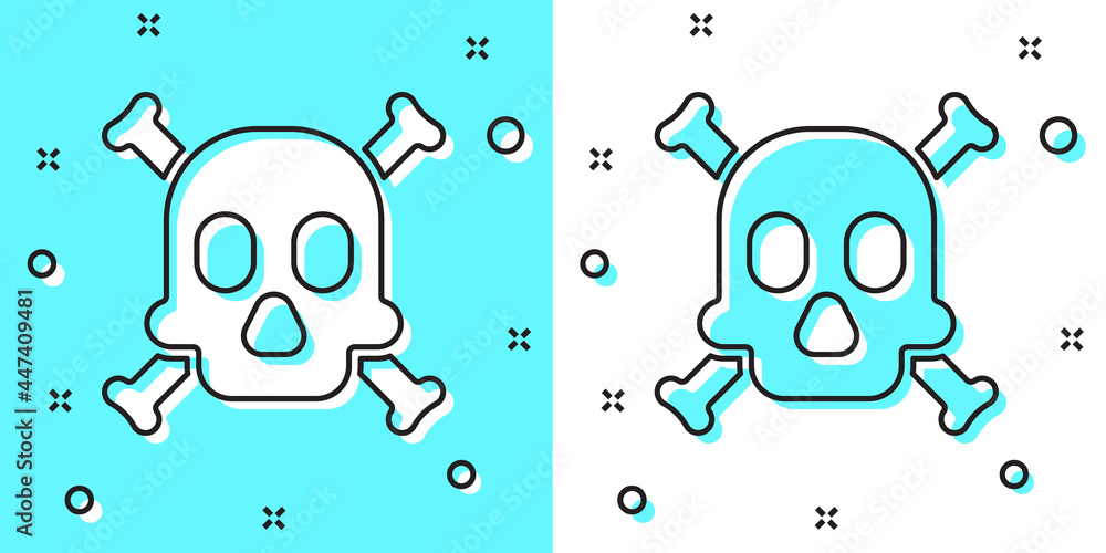 Poster black line bones and skull as a sign of toxicity warning icon isolated on green and white background