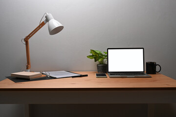 Laptop computer, coffee cup, houseplant and lamp on wooden table.