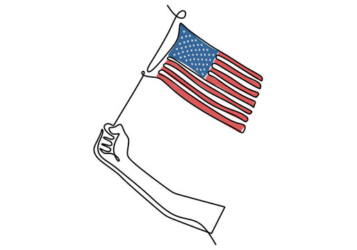 One continuous single line drawing of hand holding American flag isolated on white background minimalist design. Happy Independent Day. United State of America flag is tattered by wind