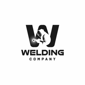 Letter W welding logo, welder silhouette working with weld helmet in simple and modern design style art