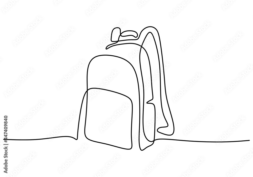 Wall mural backpack in continuous line drawing style. rucksack black line sketch on white background. school ba - Wall murals