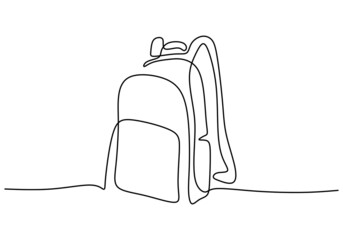 Backpack in continuous line drawing style. Rucksack black line sketch on white background. School bag for kindergarten student. Back to school, education concept. Vector illustration - obrazy, fototapety, plakaty