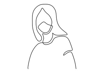 A young woman wearing medical masks to prevent disease, flu, air pollution, contaminated air, world pollution in one line drawing. Against COVID-19 concept. Vector illustration