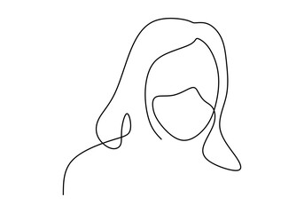 A young woman wearing medical masks to prevent disease, flu, air pollution, contaminated air, world pollution in one line drawing. Against COVID-19 concept. Vector illustration