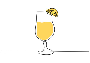 Continuous one line drawing of orange juice splash in glass. Fresh summer drink isolated on white background. Healthy fruit drinks concept minimalism graphic design vector illustration