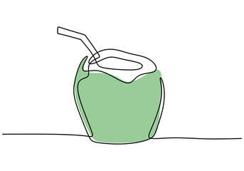 Continuous one line drawing green coconut water drink with drinking straw. Summer dessert food and drink menu. Relieves thirst and dehydration in summer. Healthy lifestyle concept. Vector illustration