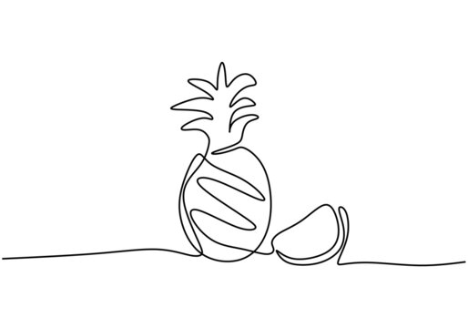 One continuous line drawing of pineapple hand drawn minimalist line art design. Fresh tropical fruit isolated on white background. Summer healthy food concept. Vector doodle illustration