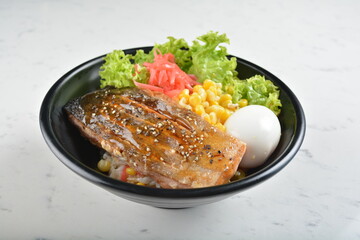japanese bbq grill teriyaki salmon seafood with boiled egg, corn, red ginger and rice bowl with onsen egg in black bowl in white marble healthy poke bowl menu