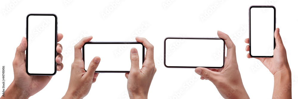 Poster hand holding smartphone , iphone with blank screen and modern frameless design in two rotated perspe