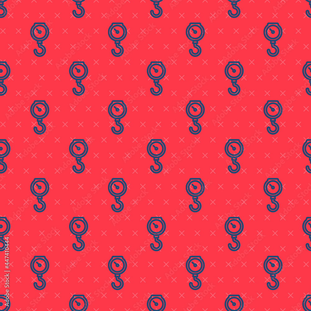 Poster blue line hand scale spring mechanical icon isolated seamless pattern on red background. vector