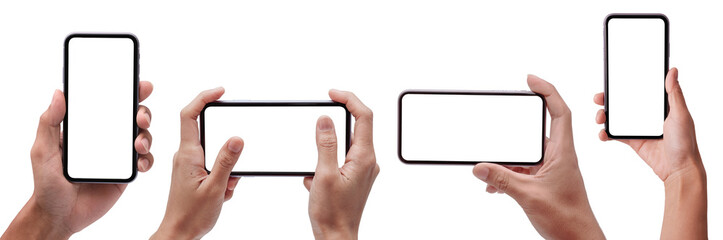 Hand holding smartphone , iphone with blank screen and modern frameless design in two rotated...