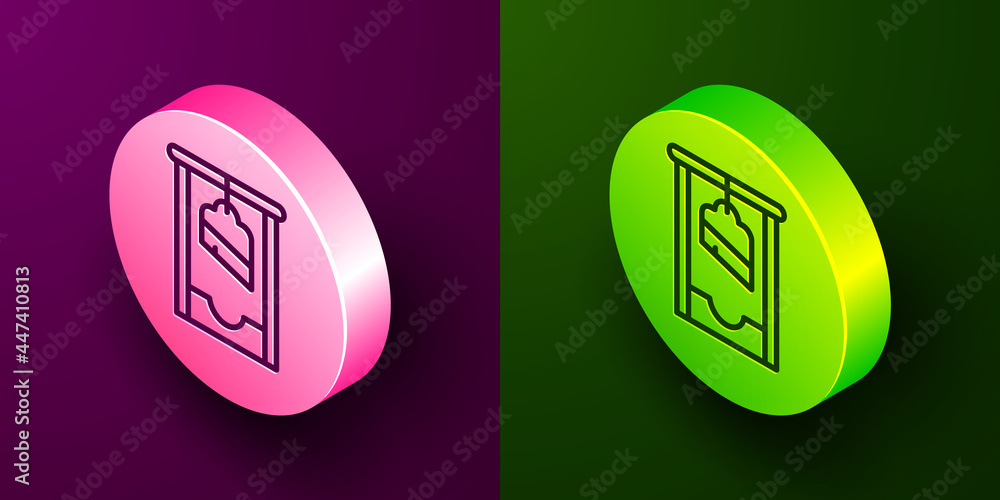 Poster isometric line guillotine medieval execution icon isolated on purple and green background. circle bu
