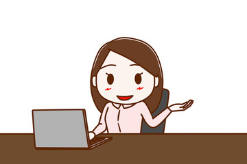 座ってパソコンを見ながら案内をする女性