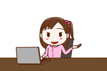 座ってパソコンを見ながら案内をする少女