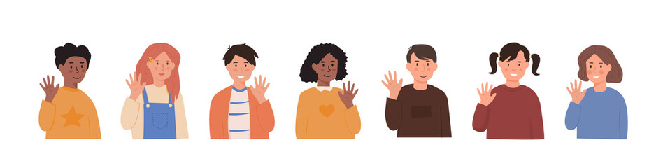 Vector set of children waving hands. Smiling little kids in greeting gesture. Collection of boys and girls raising hands saying hi or bye. Elementary school students or kindergarten pupils characters. © millering