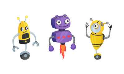 Cute Little Robot with Metal Parts Vector Set