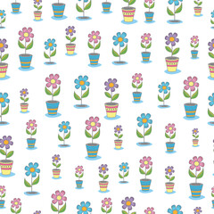 Seamless texture. Colorful bright flowers in pots. For textiles, fabrics, backgrounds, wrapping paper, wallpaper.