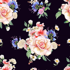 Realistic Roses and Blue, Red Meadow Flowers - Watercolor Seamless Vintage Pattern on Dark Background. For textile print or wallpaper design, invitations for wedding, card design.