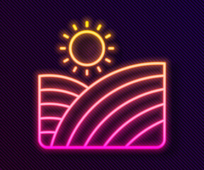 Glowing neon line Vineyard wine grapes hills farm icon isolated on black background. Vine plantation hills landscape. Vector
