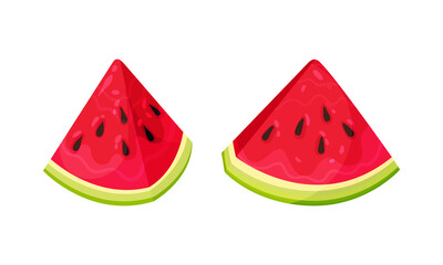 Fresh and Juicy Watermelon Fruit with Red Flesh and Black Seeds Vector Set