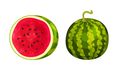 Fresh and Juicy Watermelon Fruit with Red Flesh and Black Seeds Vector Set