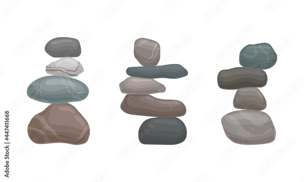 Poster smooth stones and pebbles balancing on each other creating tower vector set