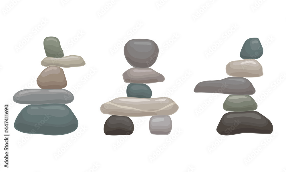 Poster smooth stones and pebbles balancing on each other creating tower vector set