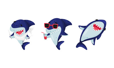 Blue Toothy Cartoon Shark Drinking Cocktail and Dining Vector Set