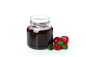 Tasty cherry jam isolated on white background