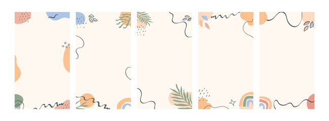 Abstract tropical boho backgrounds for social media. Set of plants and geometric shapes for stories, banners. Collection of vector flat style minimal posters with copy space for text. © millering