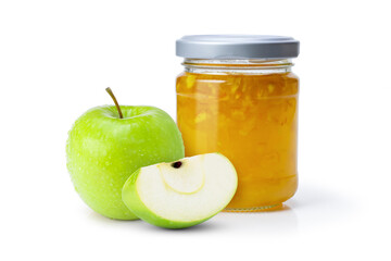 apple jam in glass jar on white