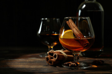 Concept of hard alcoholic drinks with cognac