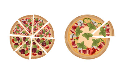 Traditional Italian Pizza of Round Shape with Salami and Tomato Above View Vector Set
