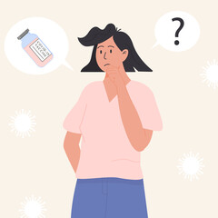A female person confuse. Women thinking about Covid-19 Vaccination. Choosing Coronavirus Vaccine. Medication bottle and question mark. Vector illustration in flat style.