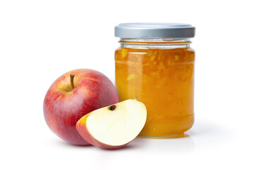 apple jam in glass jar and apple isolated on white.