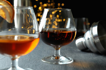 Concept of hard alcoholic drinks with cognac