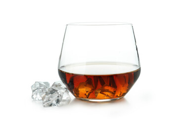 Glass of cognac and ice isolated on white background