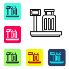 Black line Scale with suitcase icon isolated on white background. Logistic and delivery. Weight of delivery package on a scale. Set icons in color square buttons. Vector