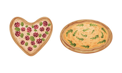 Traditional Italian Shaped Pizza with Salami and Cheese Vector Set