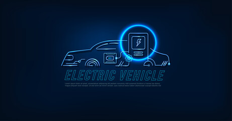 Outline neon EV Electric vehicle  banner web icon for futuristic technology, Hybrid Electric, Battery Electric vehicle, Fuel Cell automobile and power supply with blue background