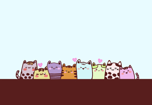 Drawing Cat Kitty Cartoon Cute Character With Pastel Color On The Brown Wall Can Use As An IPad Wallpaper. Adorable Kitten Sit In The Line Together With Multi-colored And Isolated In Blue Background.