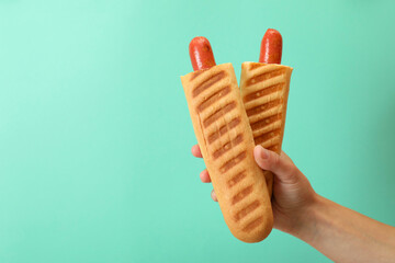Concept of tasty food with french hot dog