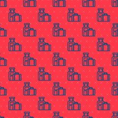 Blue line Suitcase for travel icon isolated seamless pattern on red background. Traveling baggage sign. Travel luggage icon. Vector