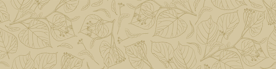 Linden blossom seamless horizontal border. Lime tree texture on beige background. Vector illustration.